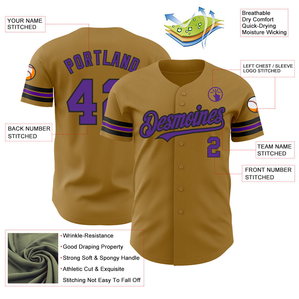 Custom Old Gold Purple-Black Authentic Baseball Jersey view 3