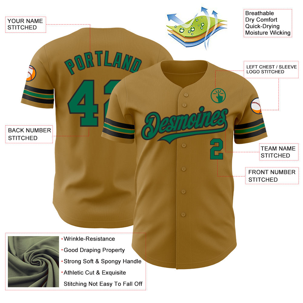 Custom Old Gold Kelly Green-Black Authentic Baseball Jersey view 3