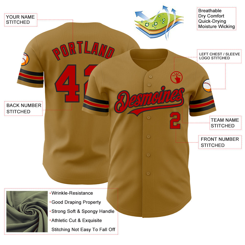 Custom Old Gold Red-Black Authentic Baseball Jersey view 3