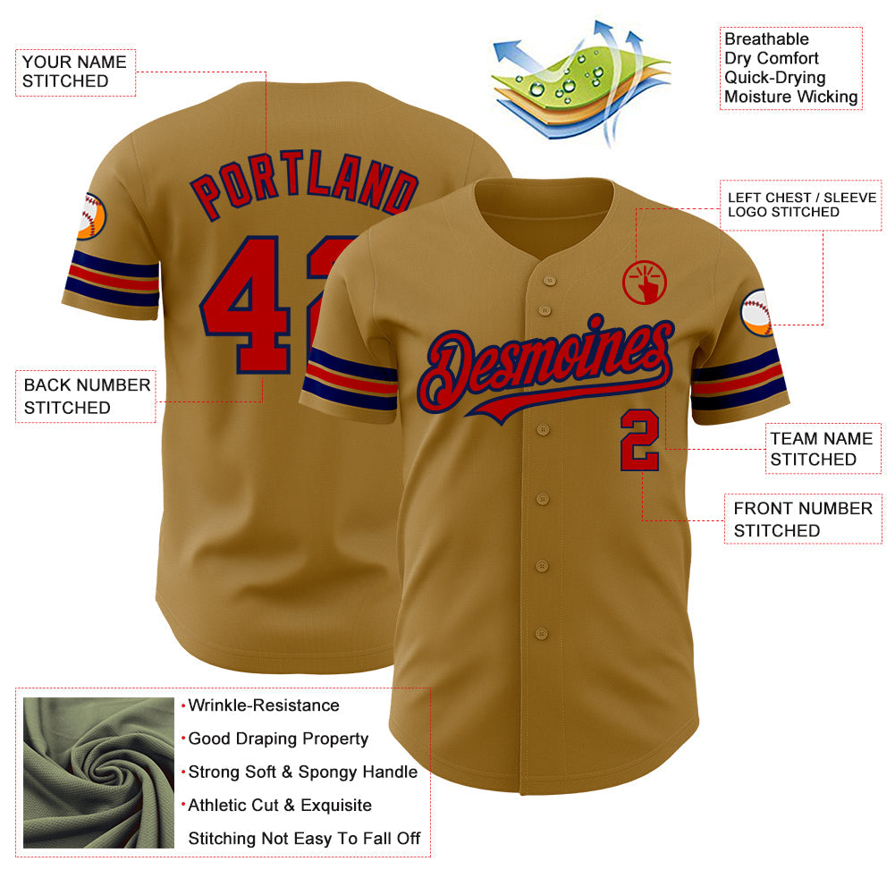 Custom Old Gold Red-Navy Authentic Baseball Jersey view 3