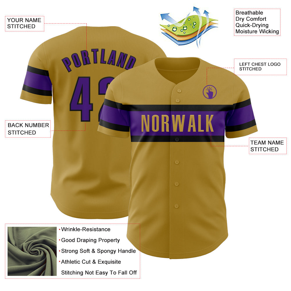 Custom Old Gold Purple-Black Authentic Baseball Jersey view 3