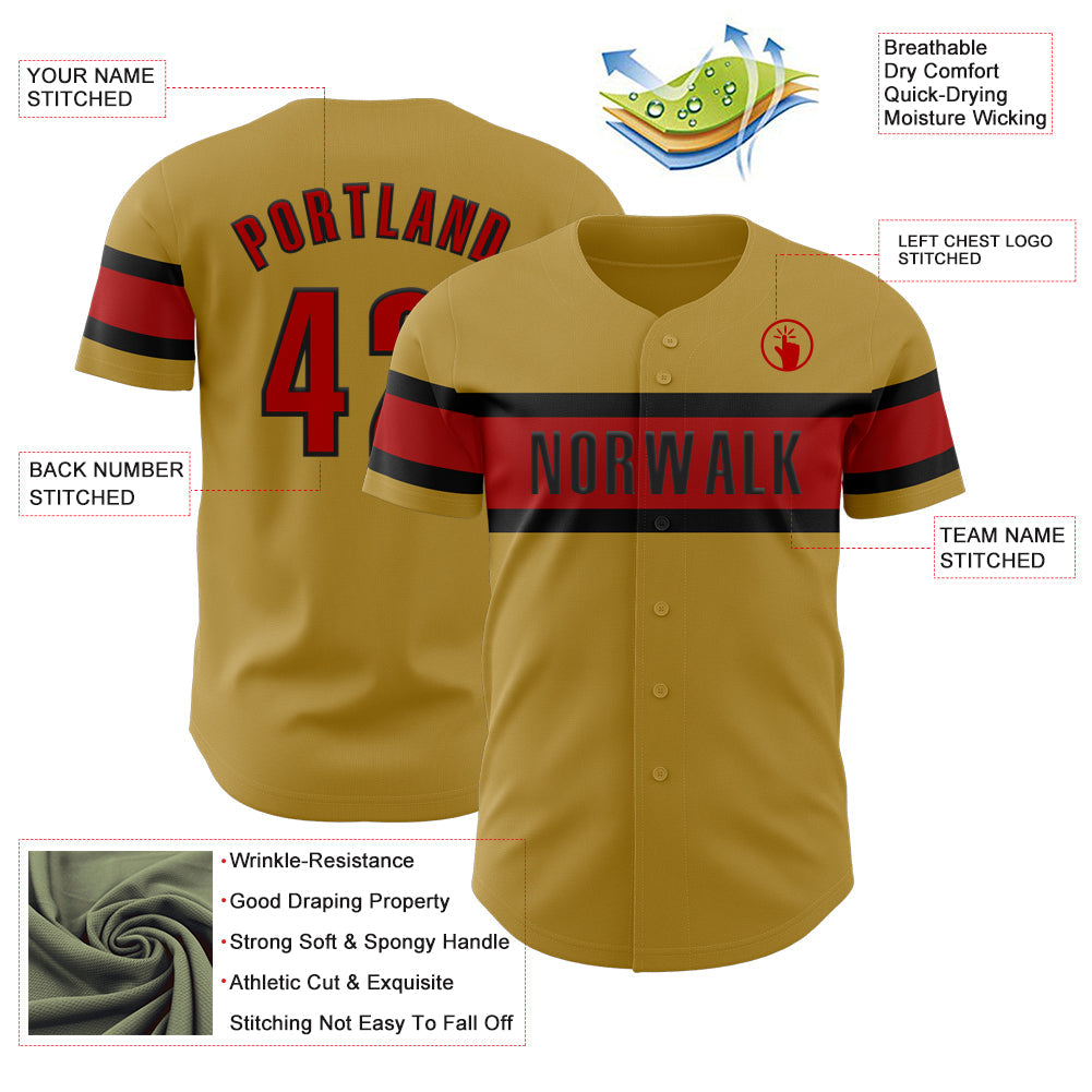 Custom Old Gold Red-Black Authentic Baseball Jersey view 3