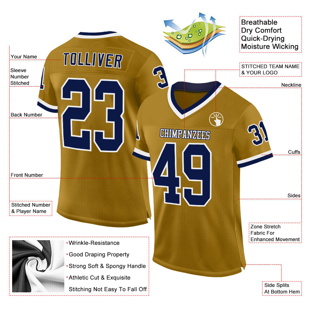 Custom Old Gold Navy-White Mesh Authentic Throwback Football Jersey view 2