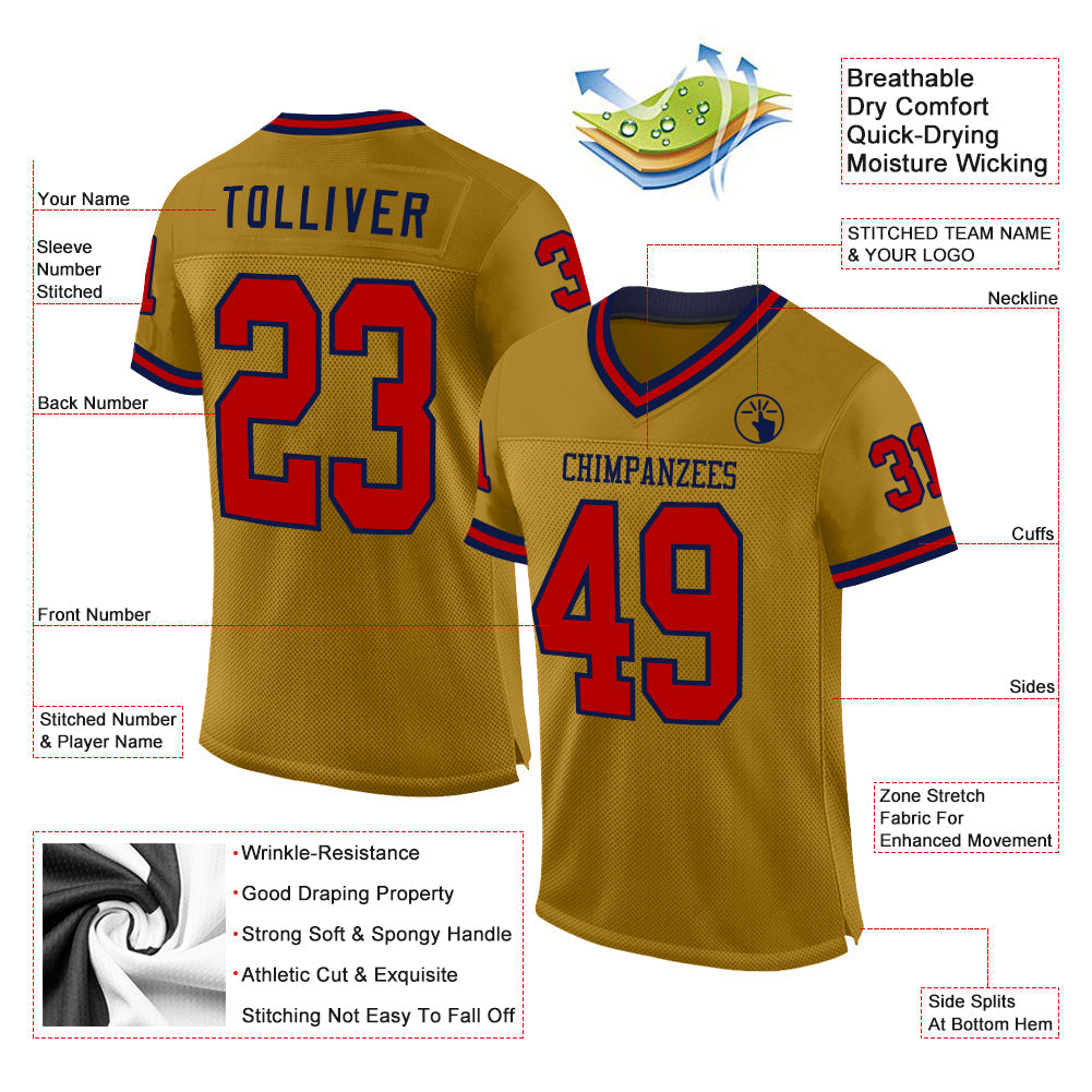 Custom Old Gold Red-Navy Mesh Authentic Throwback Football Jersey view 2
