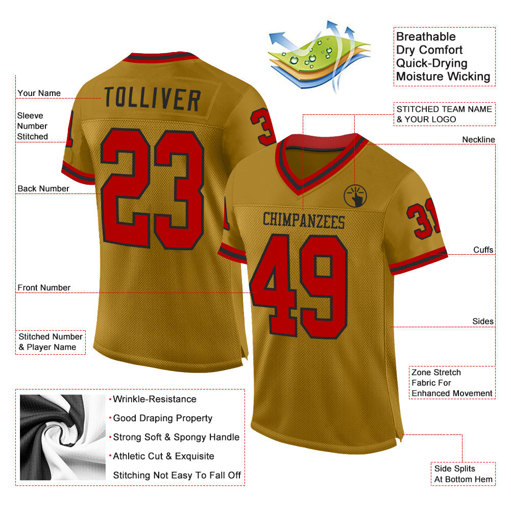 Custom Old Gold Red-Black Mesh Authentic Throwback Football Jersey view 2