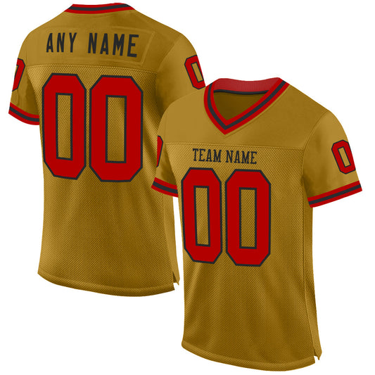 Custom Old Gold Red-Black Mesh Authentic Throwback Football Jersey - Main View