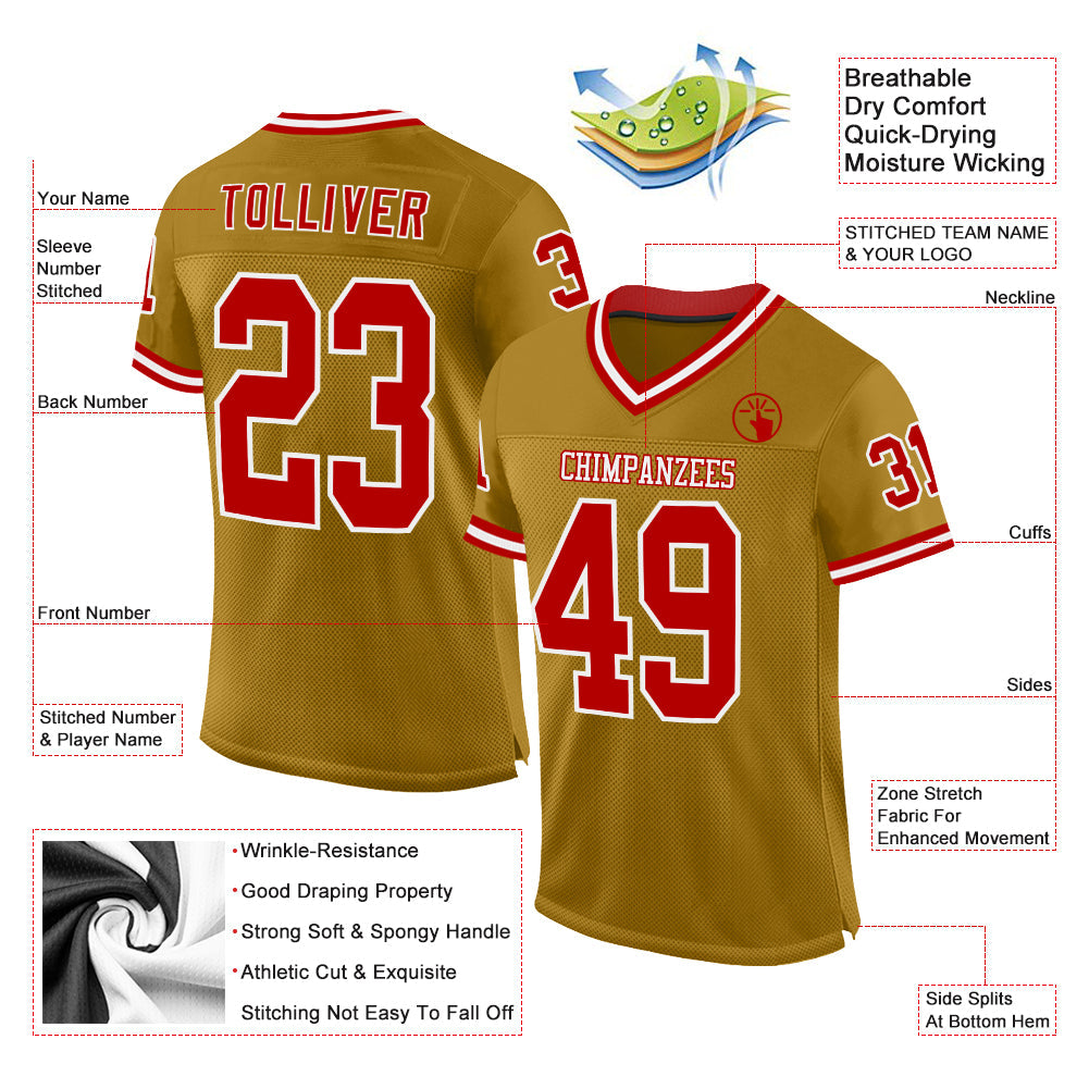 Custom Old Gold Red-White Mesh Authentic Throwback Football Jersey view 2