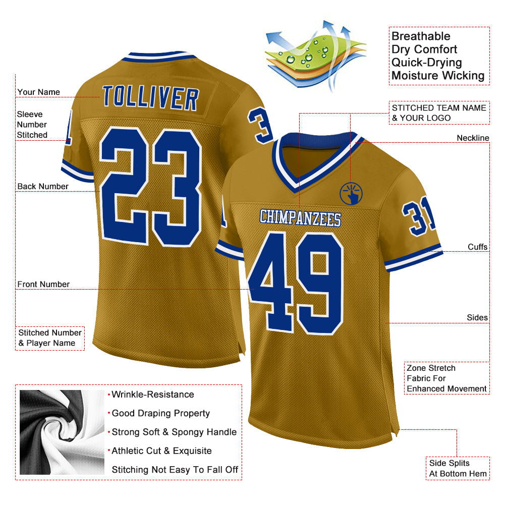 Custom Old Gold Royal-White Mesh Authentic Throwback Football Jersey view 2