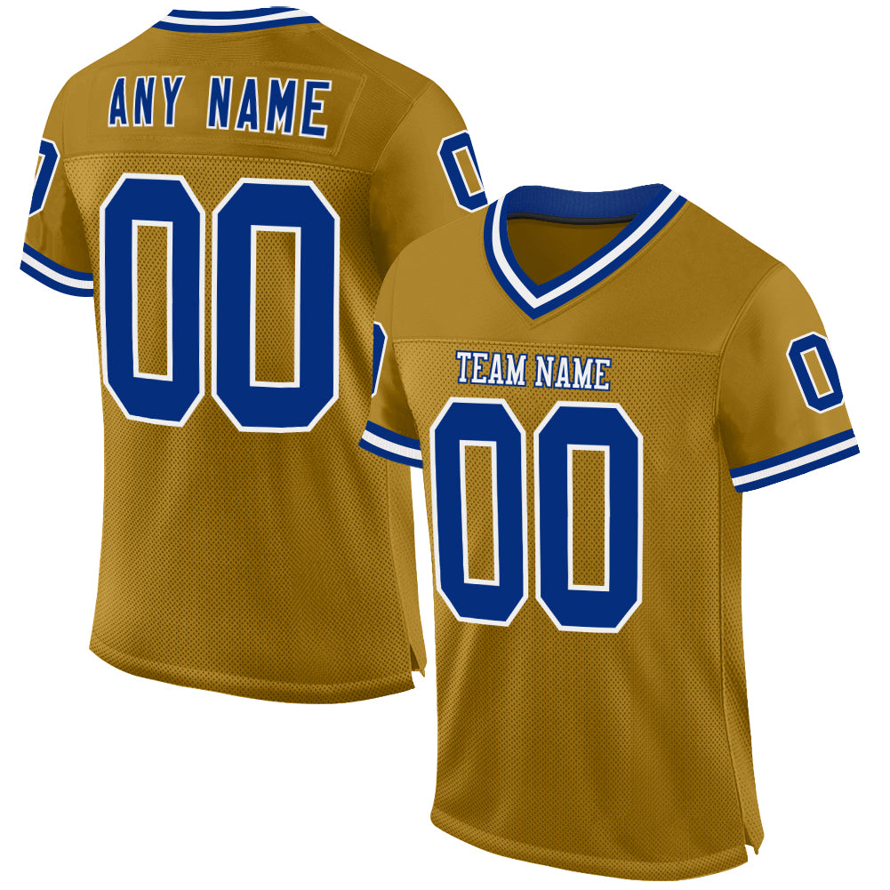 Custom Old Gold Royal-White Mesh Authentic Throwback Football Jersey - Main View