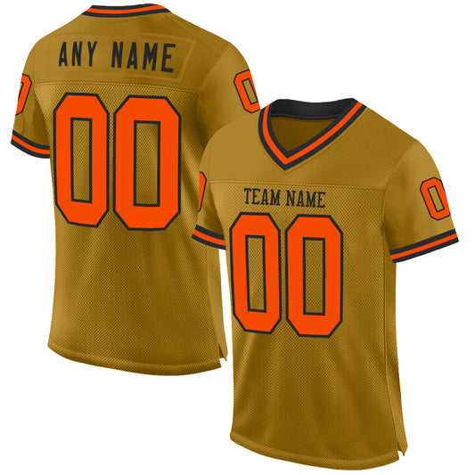 Custom Old Gold Orange-Black Mesh Authentic Throwback Football Jersey - Main View