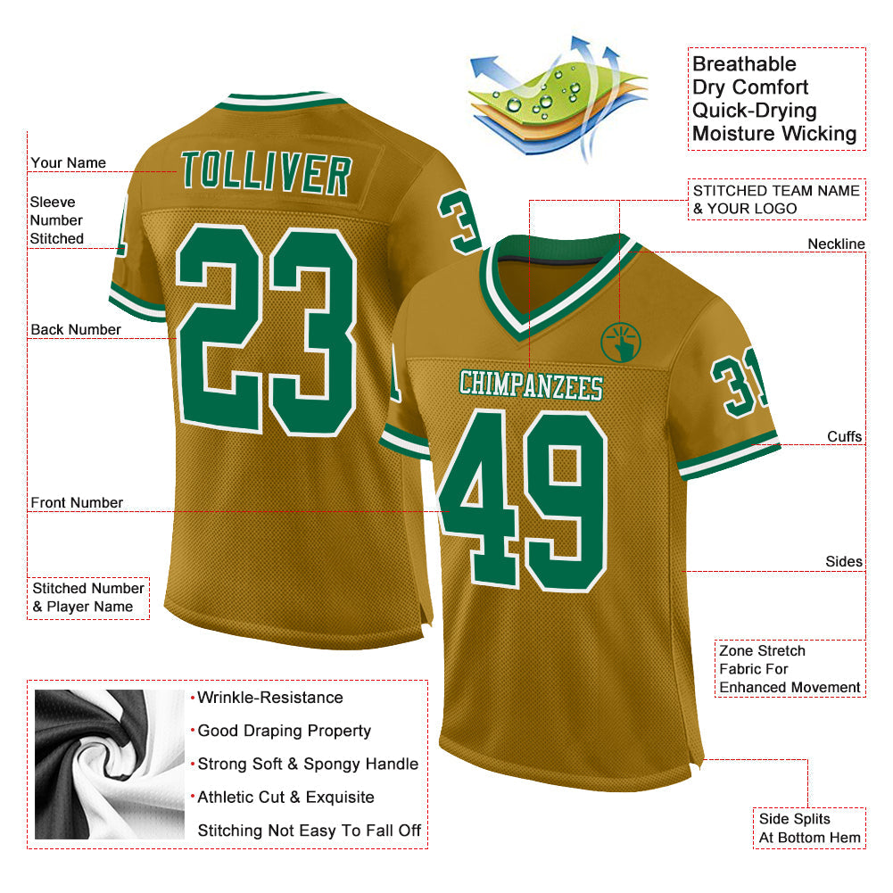 Custom Old Gold Kelly Green-White Mesh Authentic Throwback Football Jersey view 2