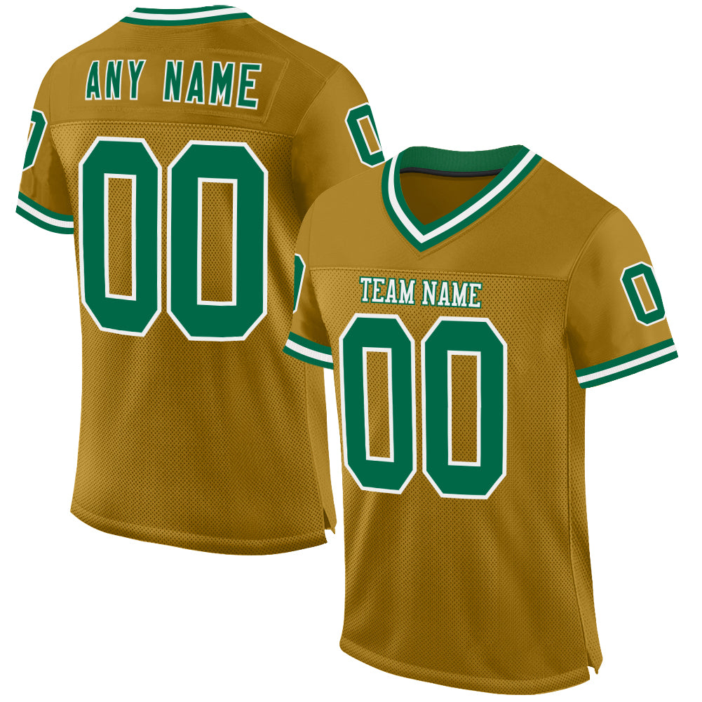 Custom Old Gold Kelly Green-White Mesh Authentic Throwback Football Jersey - Main View