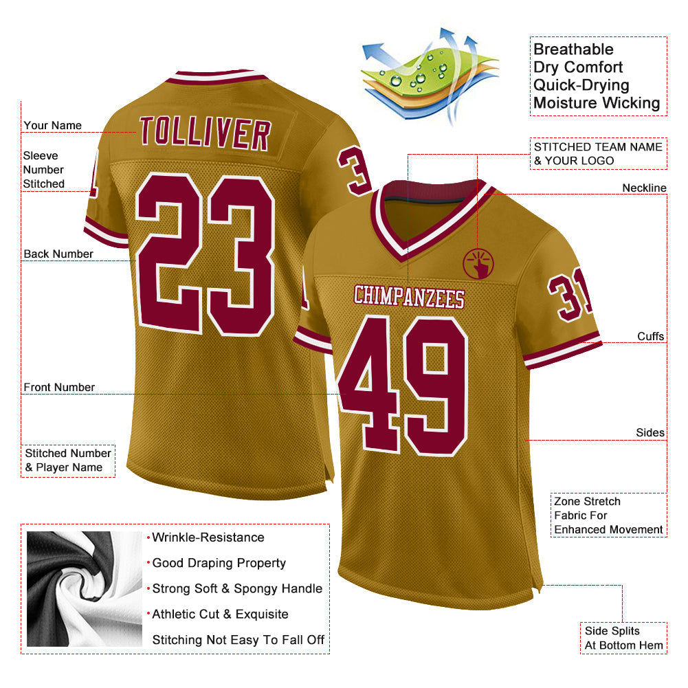 Custom Old Gold Maroon-White Mesh Authentic Throwback Football Jersey view 2