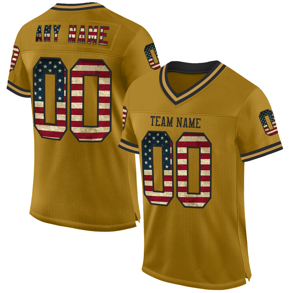 Custom Old Gold Vintage USA Flag-Black Mesh Authentic Throwback Football Jersey - Main View