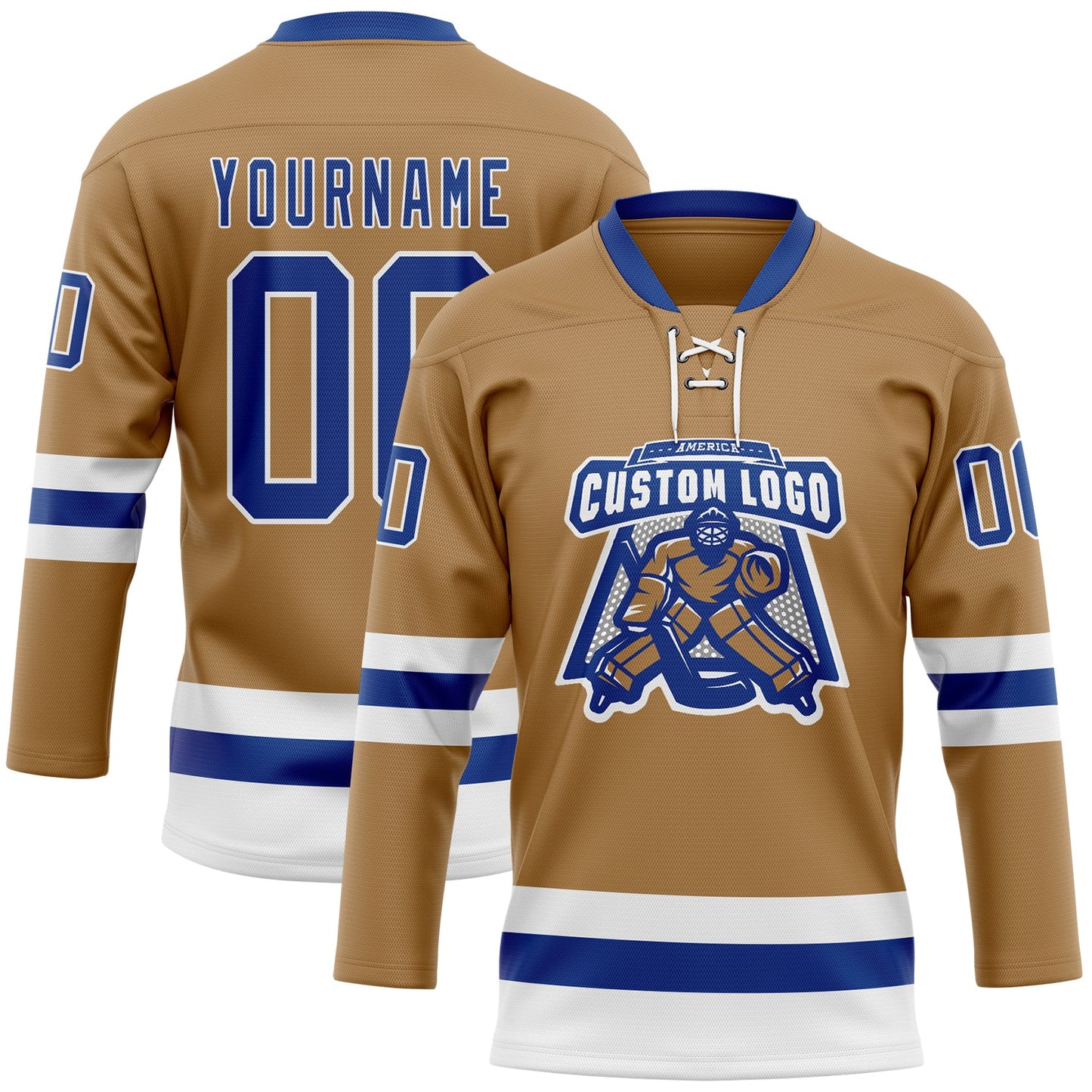 Custom Old Gold Royal-White Hockey Lace Neck Jersey view 2