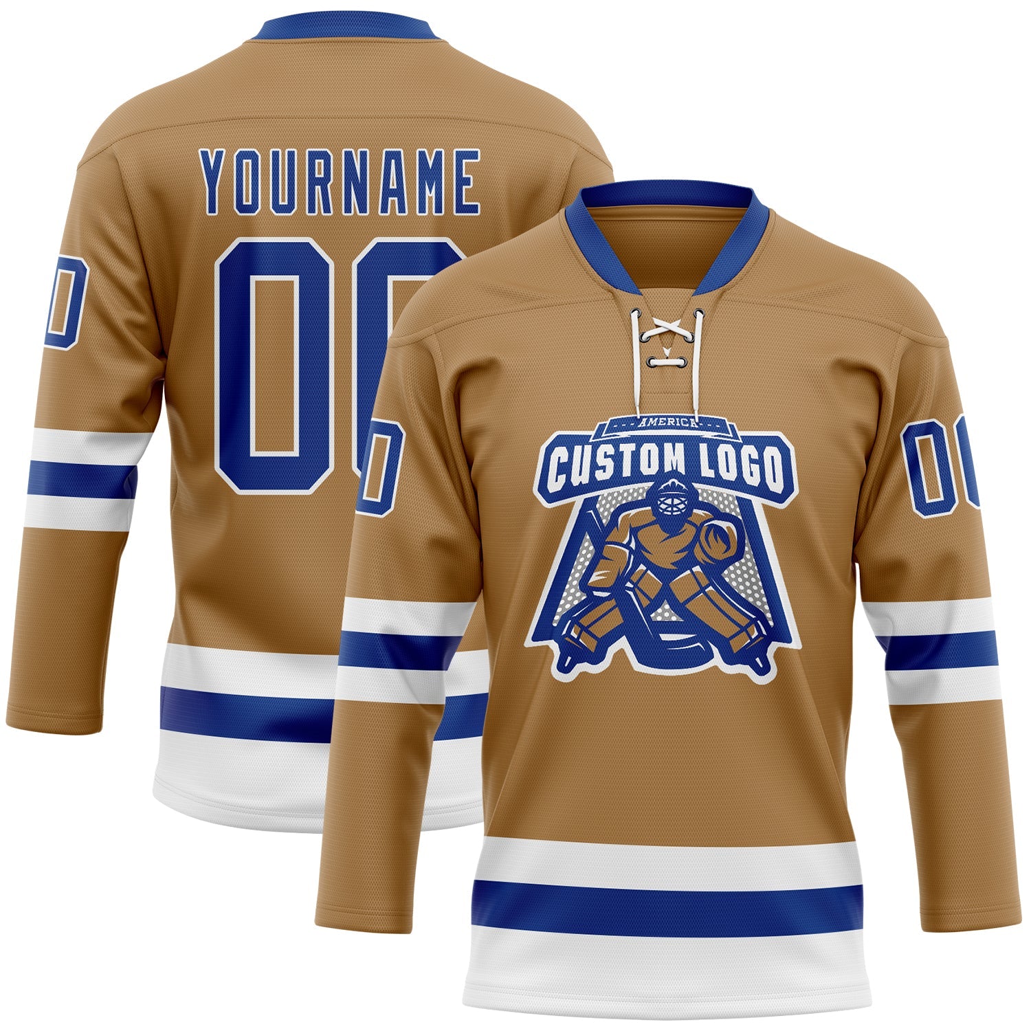 Custom Old Gold Royal-White Hockey Lace Neck Jersey view 2