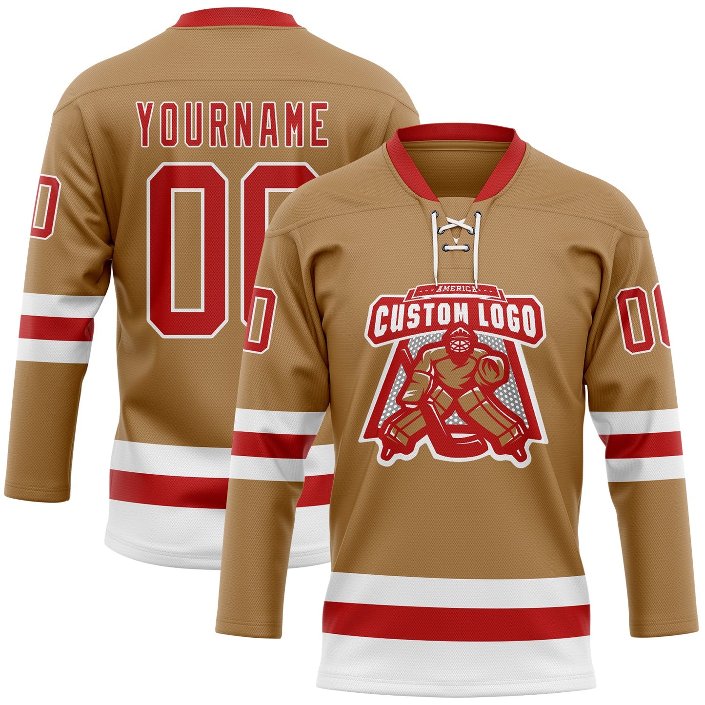 Custom Old Gold Red-White Hockey Lace Neck Jersey view 2