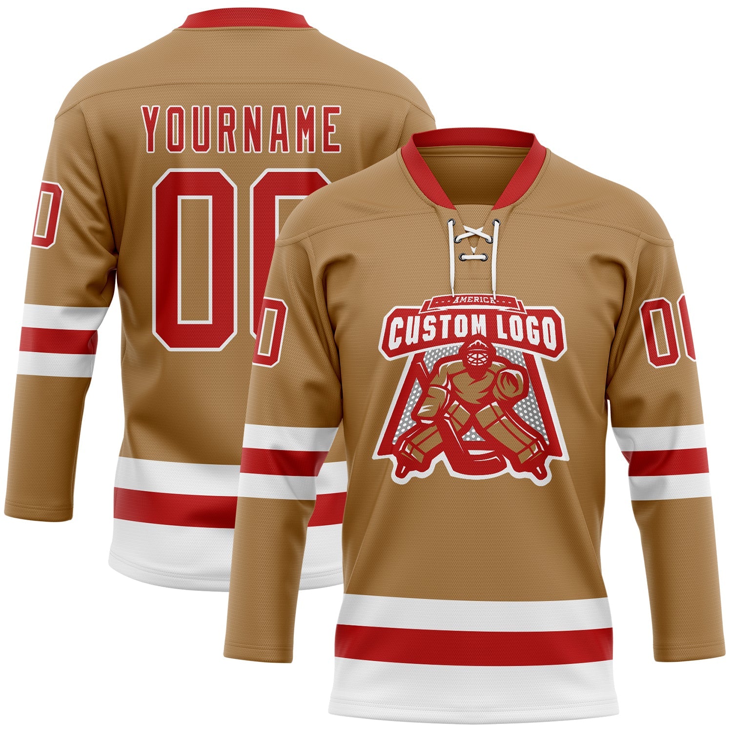 Custom Old Gold Red-White Hockey Lace Neck Jersey view 2