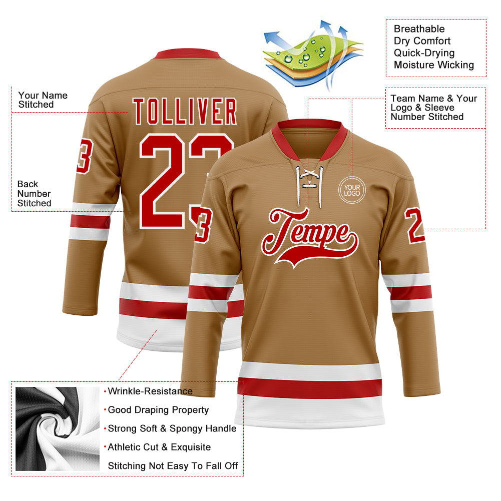 Custom Old Gold Red-White Hockey Lace Neck Jersey view 3