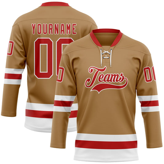 Custom Old Gold Red-White Hockey Lace Neck Jersey - Main View
