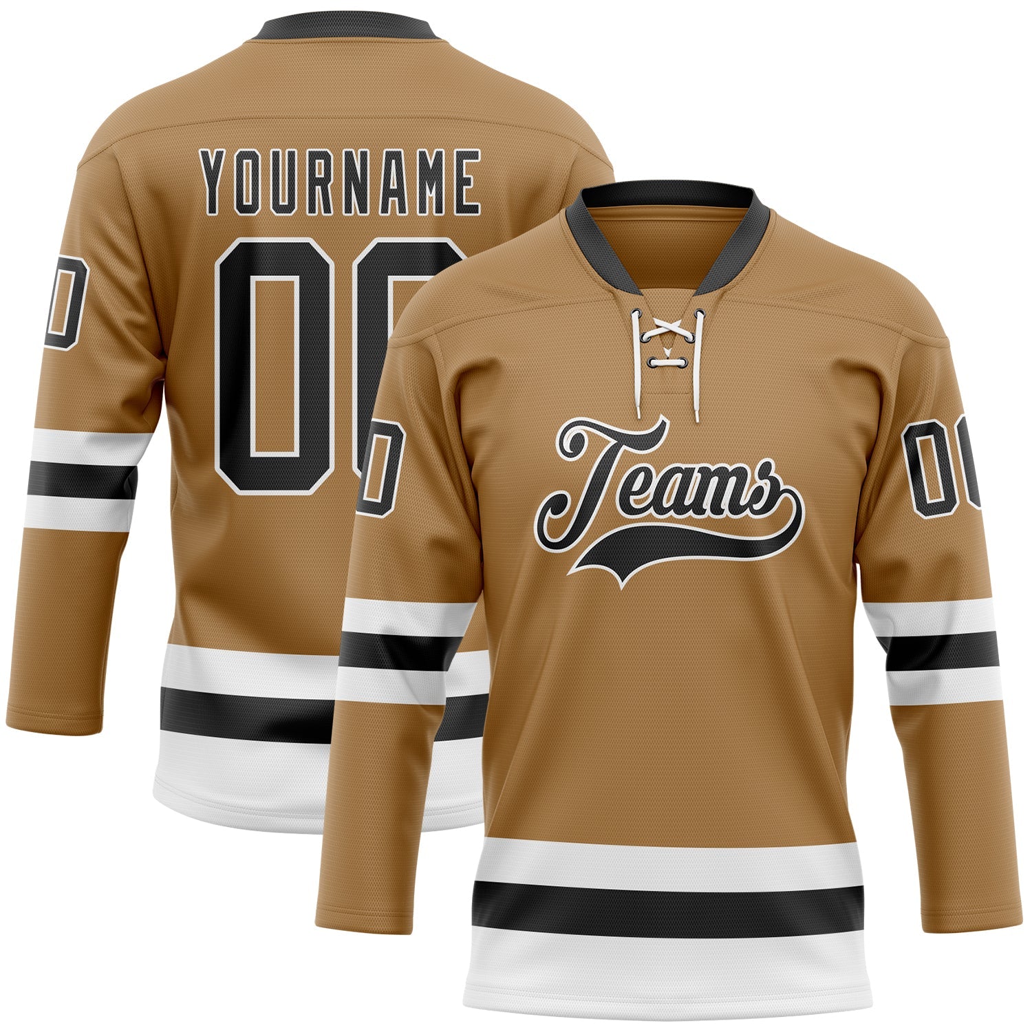 Custom Old Gold Black-White Hockey Lace Neck Jersey - Main View