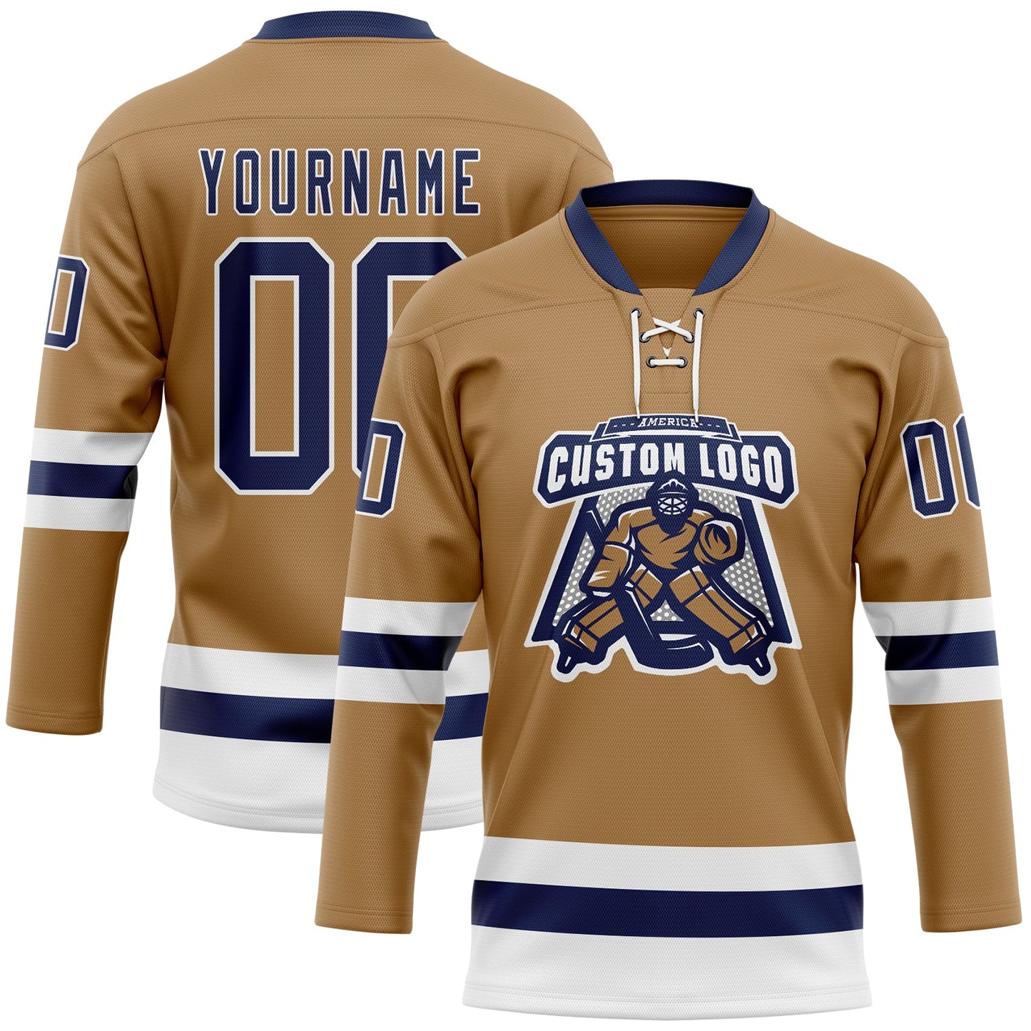 Custom Old Gold Navy-White Hockey Lace Neck Jersey view 2