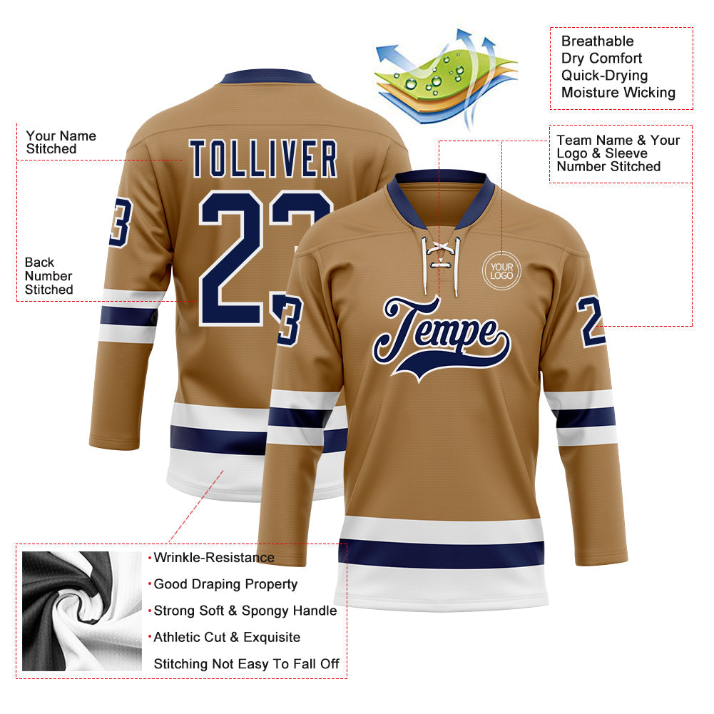 Custom Old Gold Navy-White Hockey Lace Neck Jersey view 3