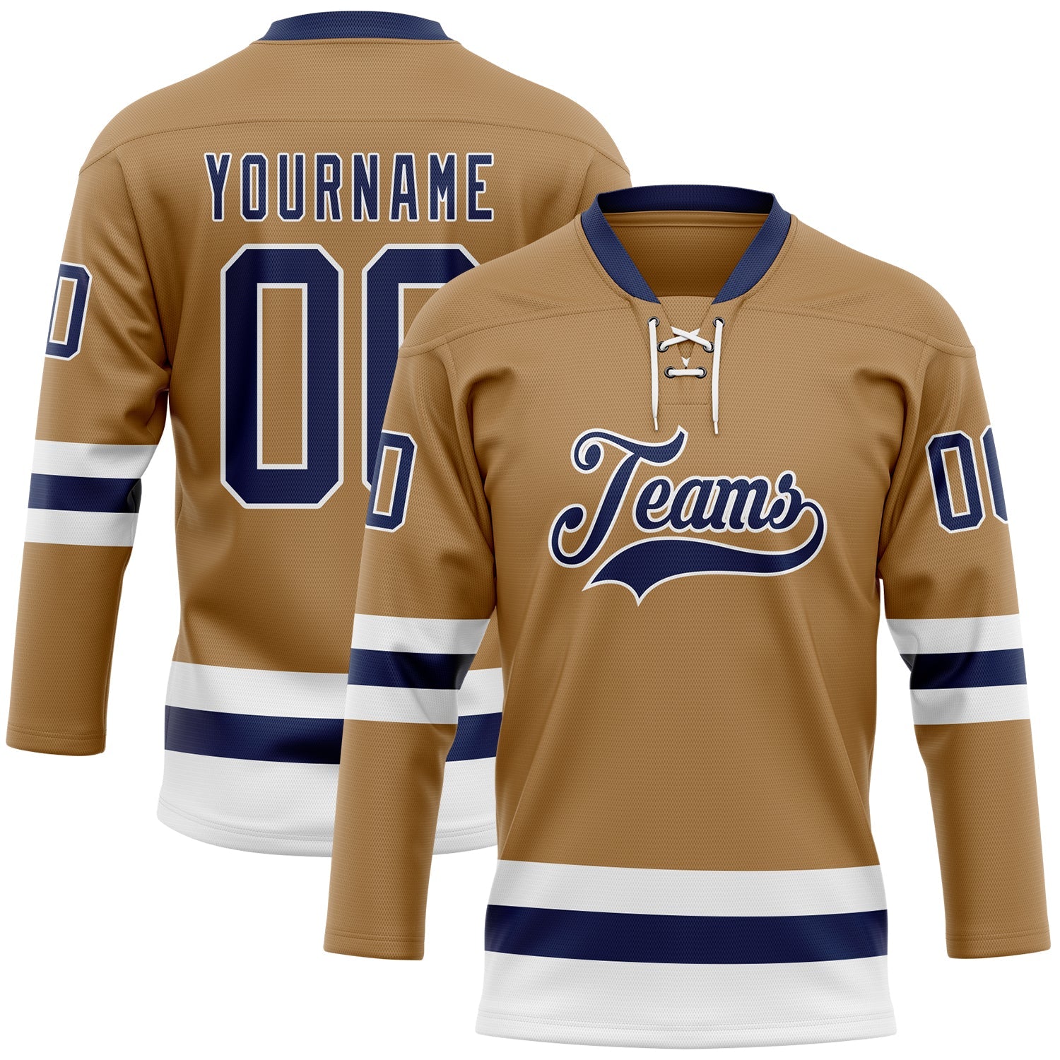 Custom Old Gold Navy-White Hockey Lace Neck Jersey - Main View