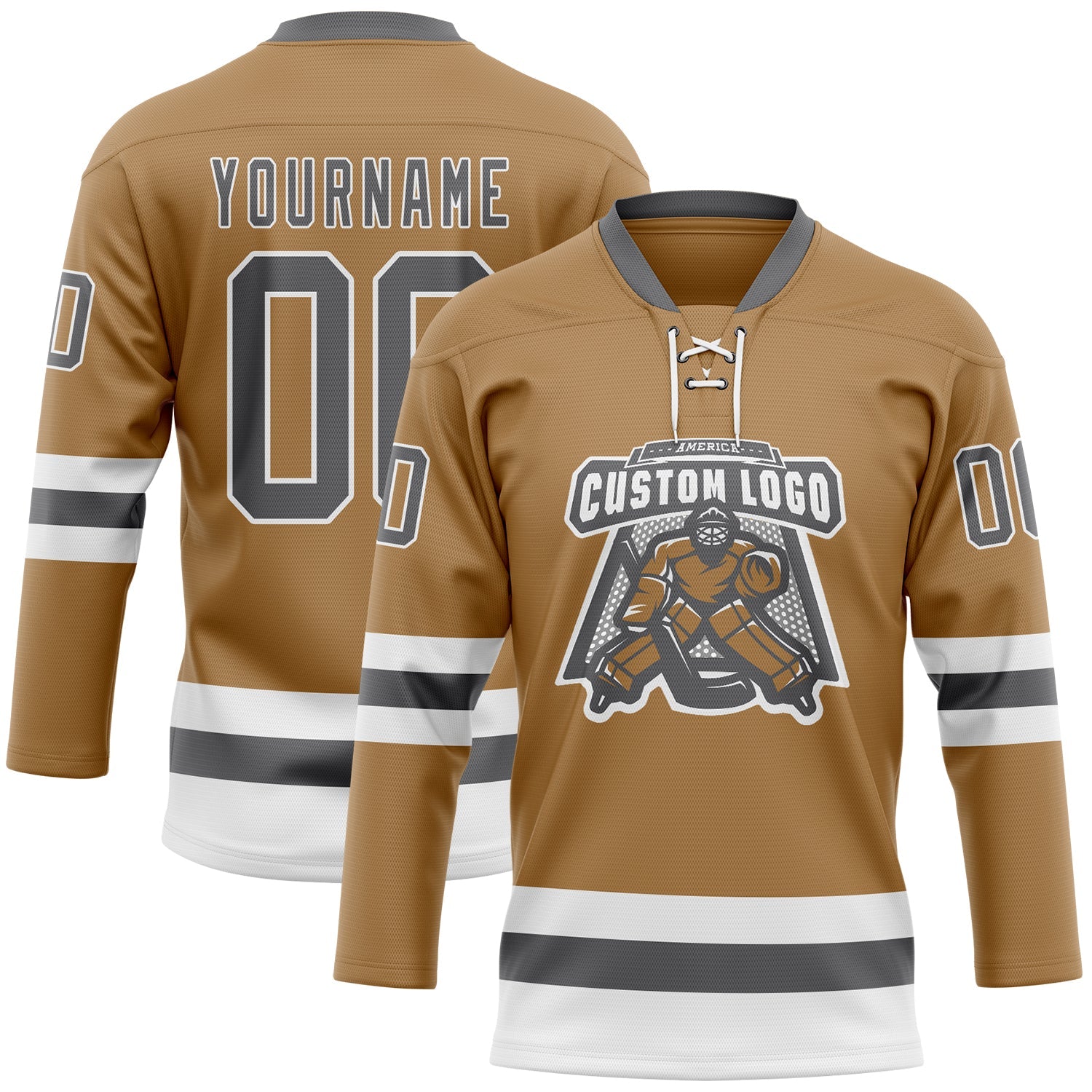 Custom Old Gold Steel Gray-White Hockey Lace Neck Jersey view 2