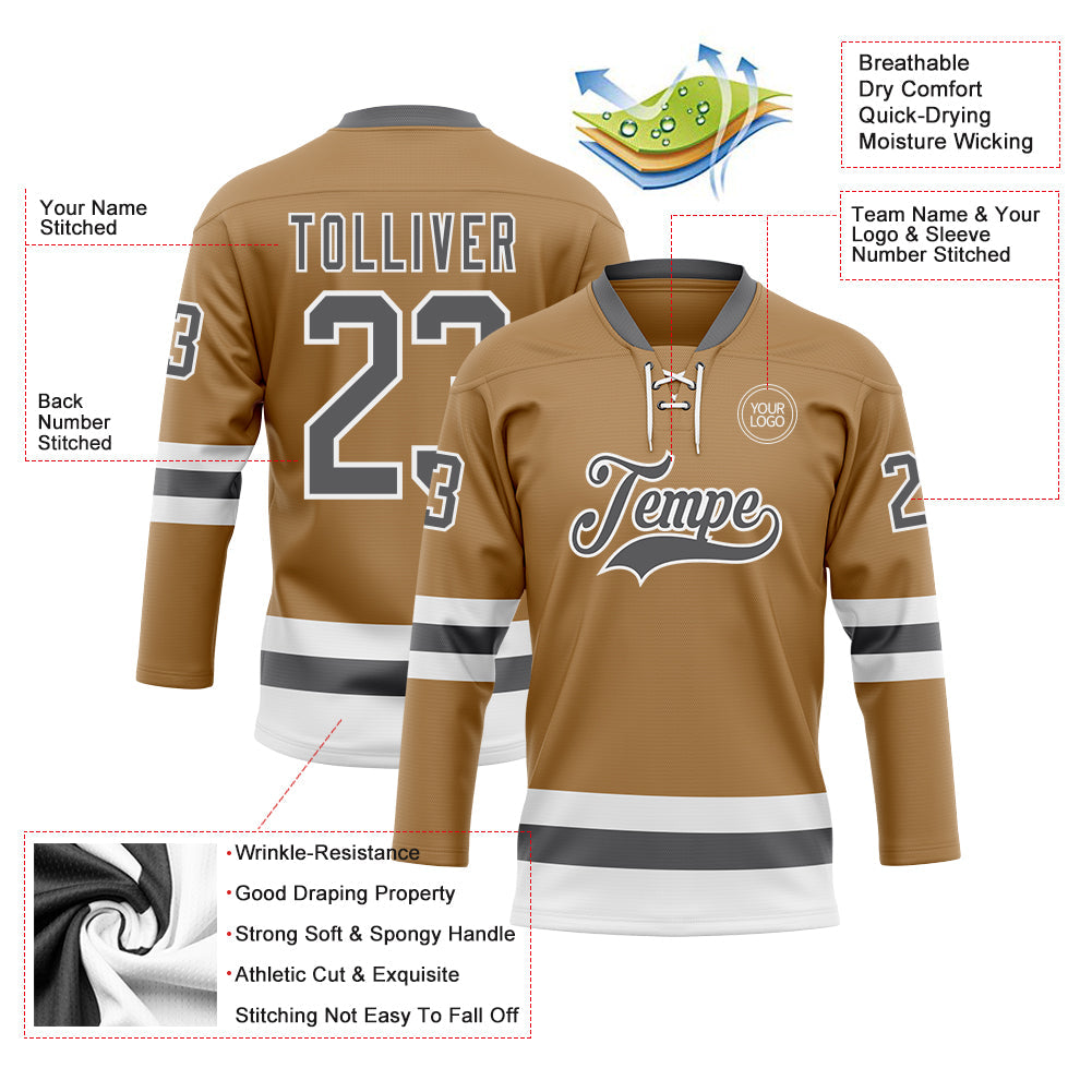 Custom Old Gold Steel Gray-White Hockey Lace Neck Jersey view 3