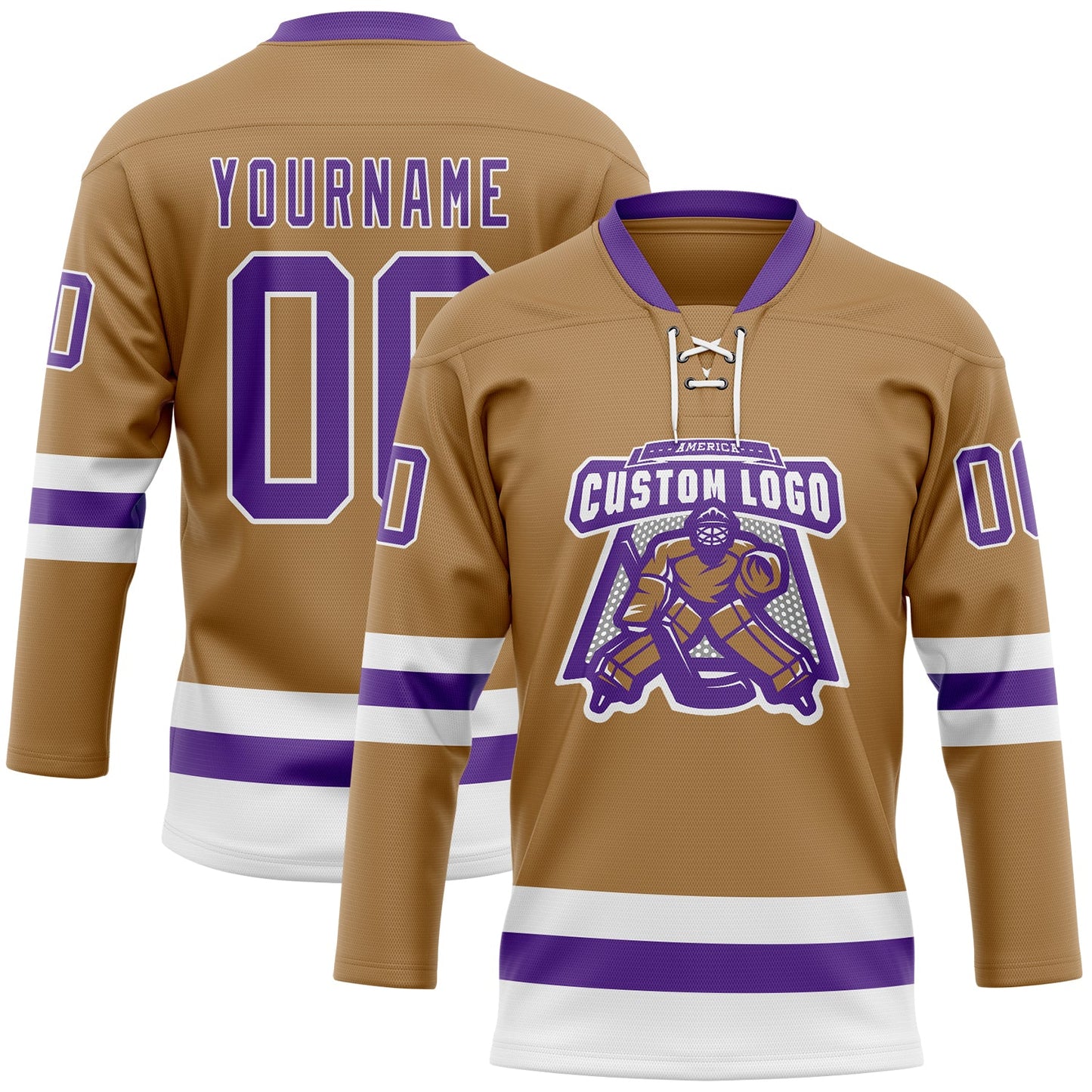 Custom Old Gold Purple-White Hockey Lace Neck Jersey view 2