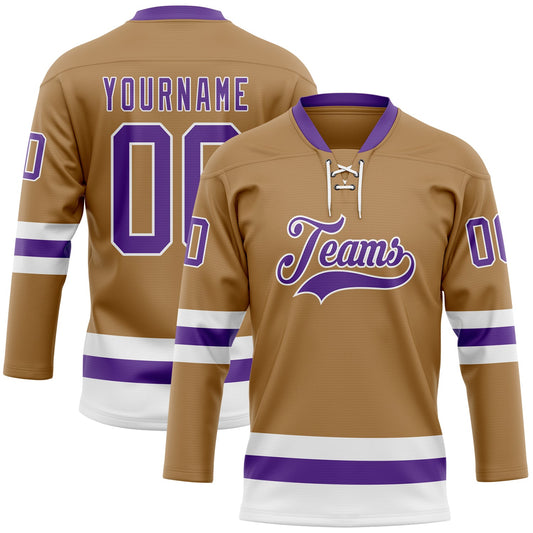 Custom Old Gold Purple-White Hockey Lace Neck Jersey - Main View