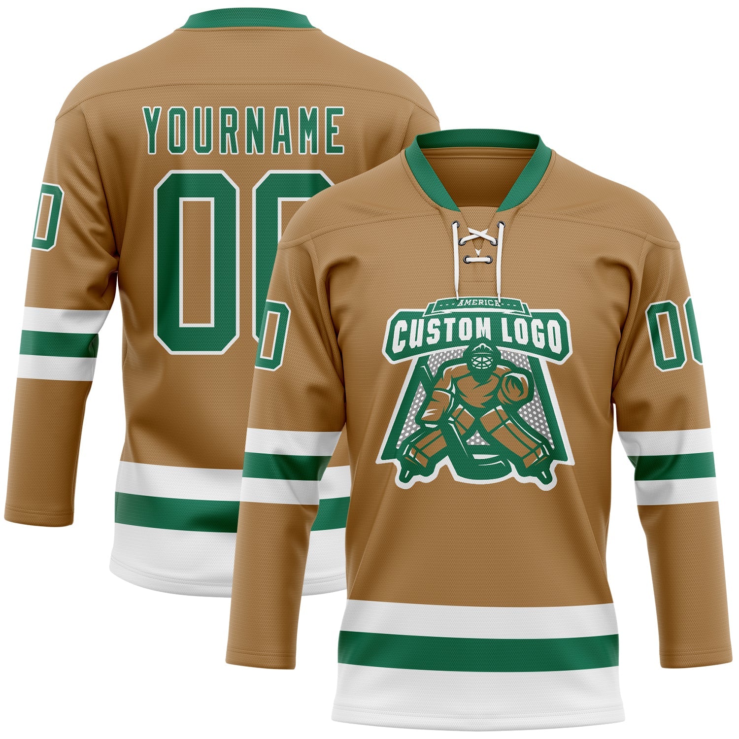 Custom Old Gold Kelly Green-White Hockey Lace Neck Jersey view 2