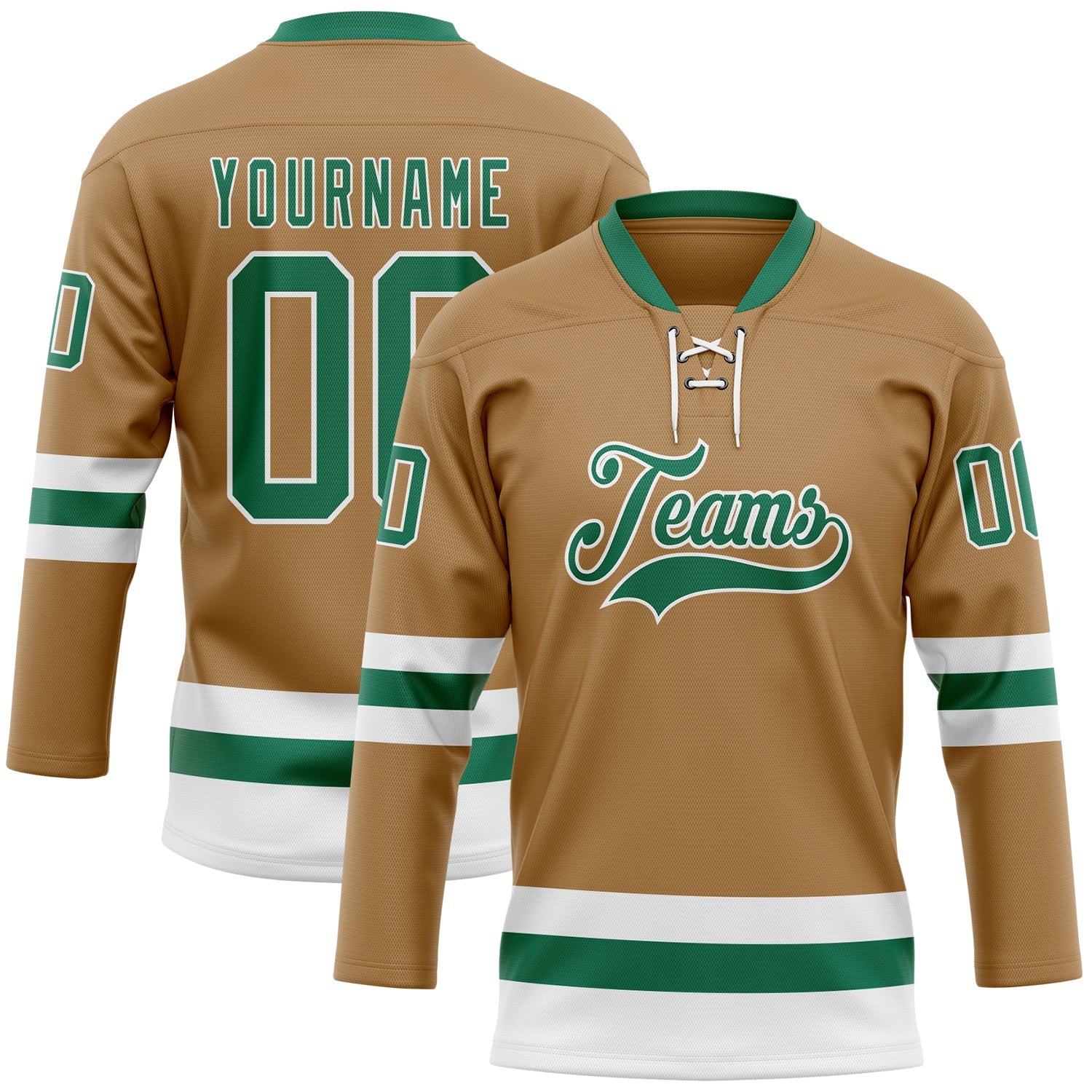 Custom Old Gold Kelly Green-White Hockey Lace Neck Jersey - Main View