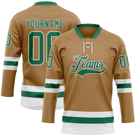 Custom Old Gold Kelly Green-White Hockey Lace Neck Jersey - Main View