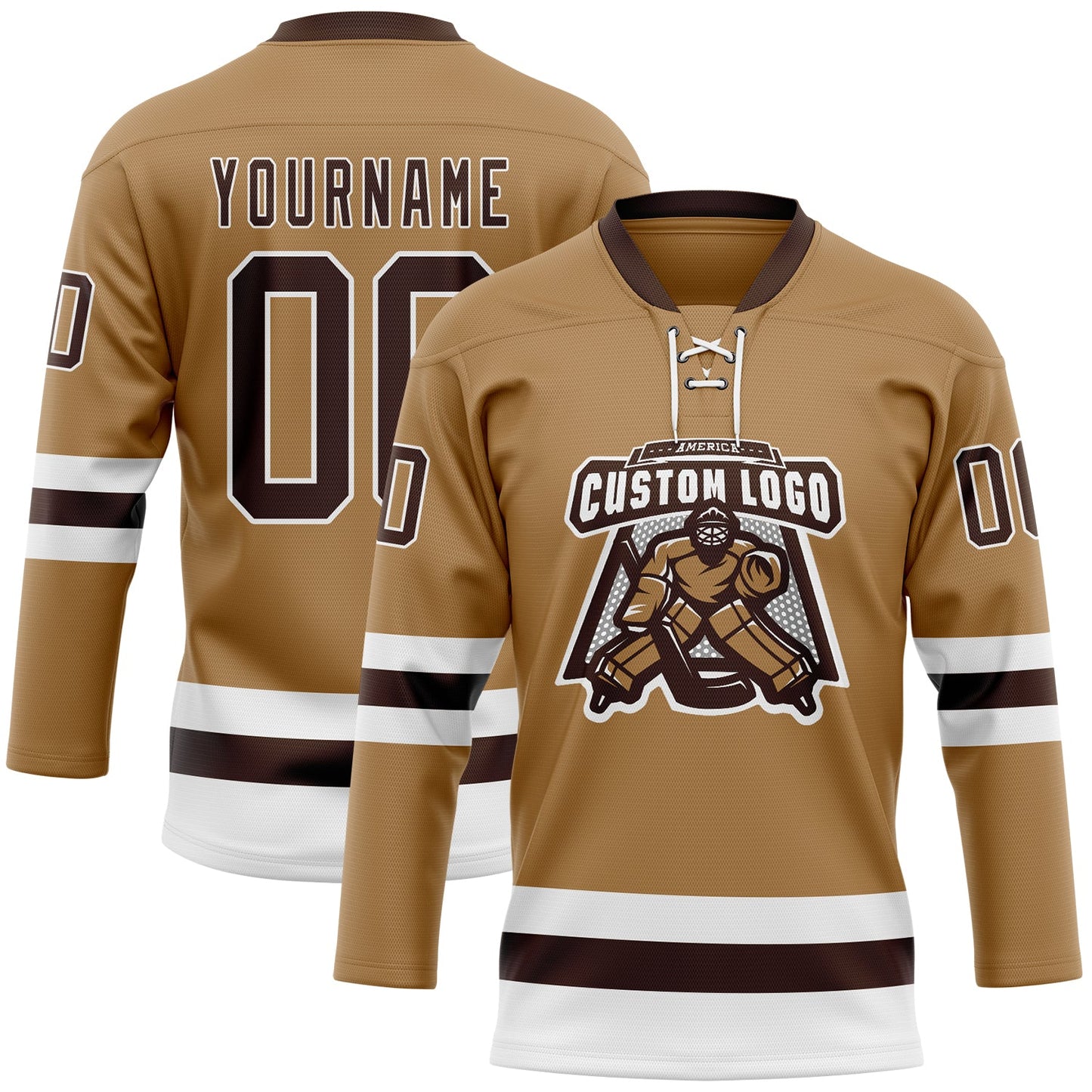 Custom Old Gold Brown-White Hockey Lace Neck Jersey view 2