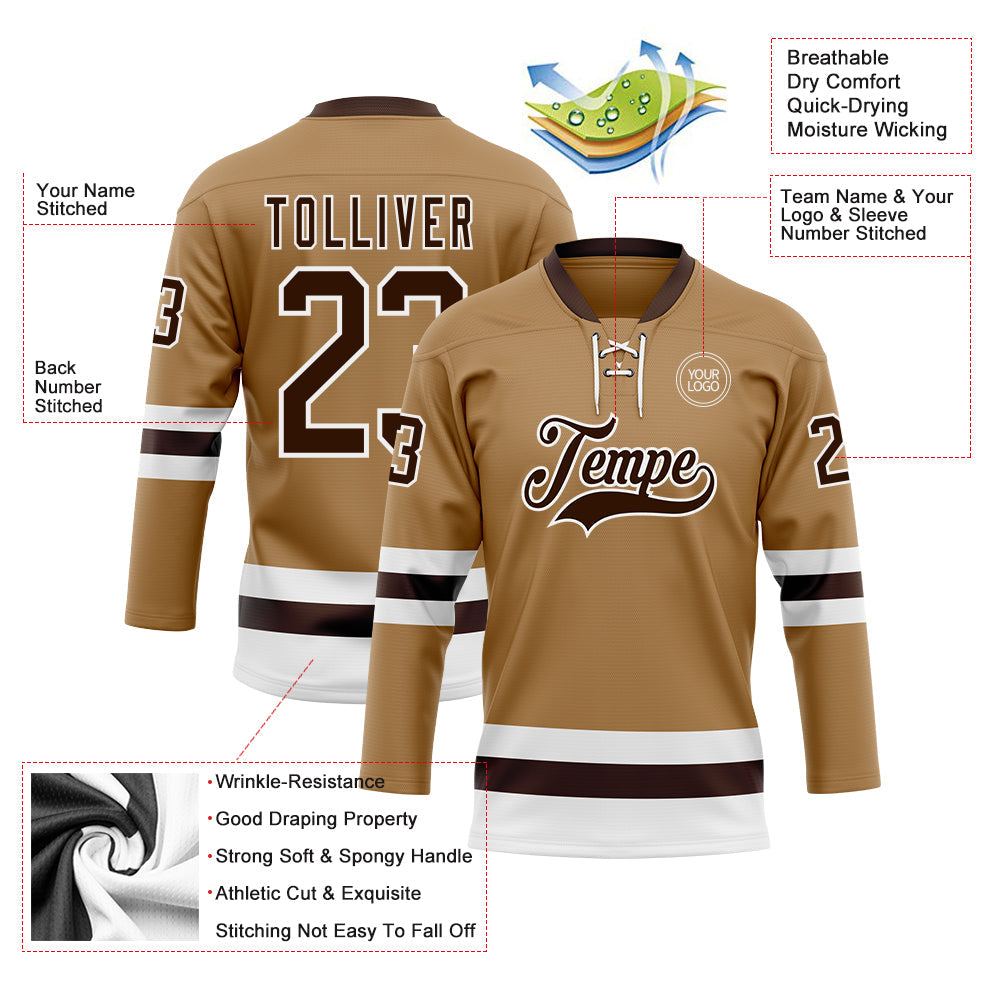 Custom Old Gold Brown-White Hockey Lace Neck Jersey view 3