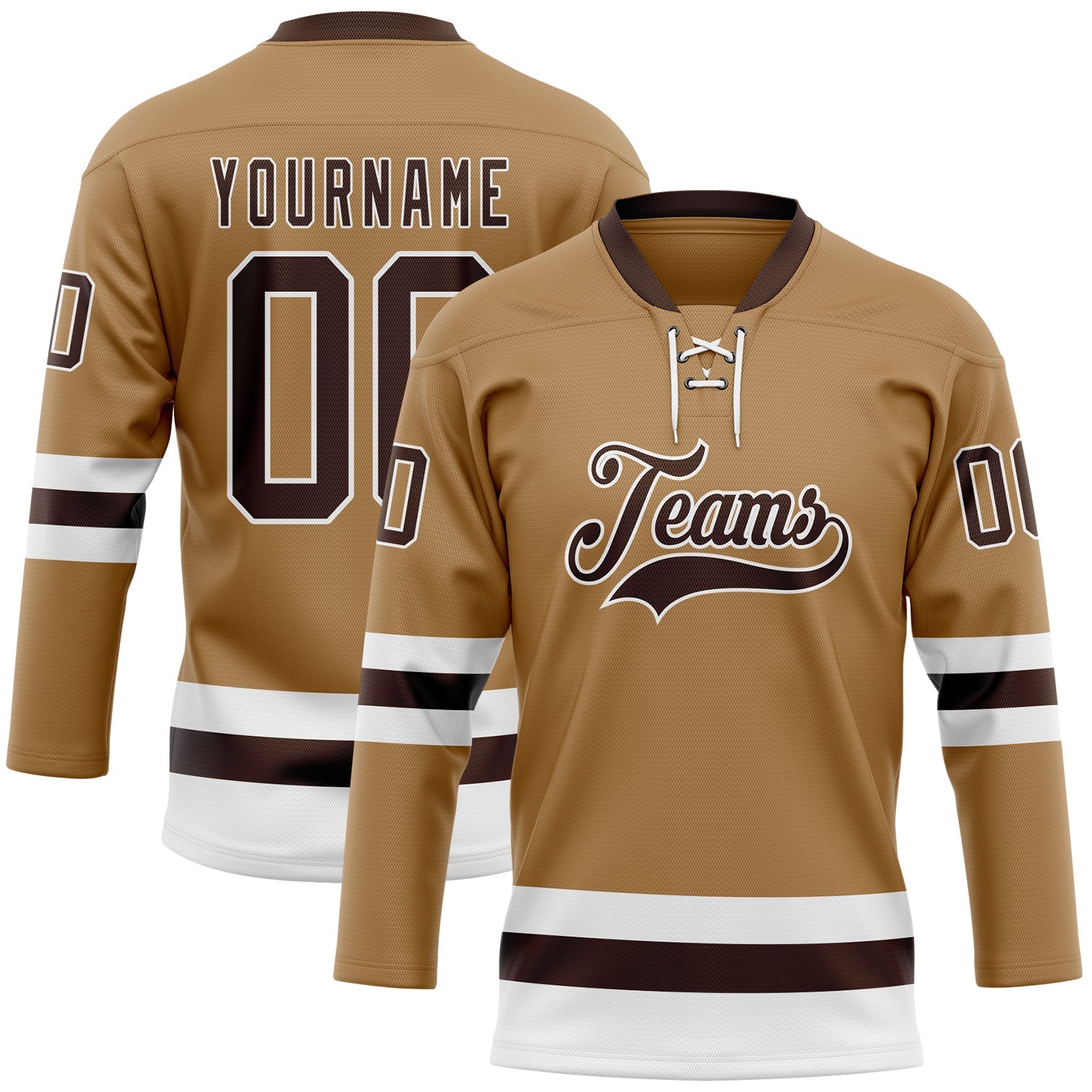 Custom Old Gold Brown-White Hockey Lace Neck Jersey - Main View