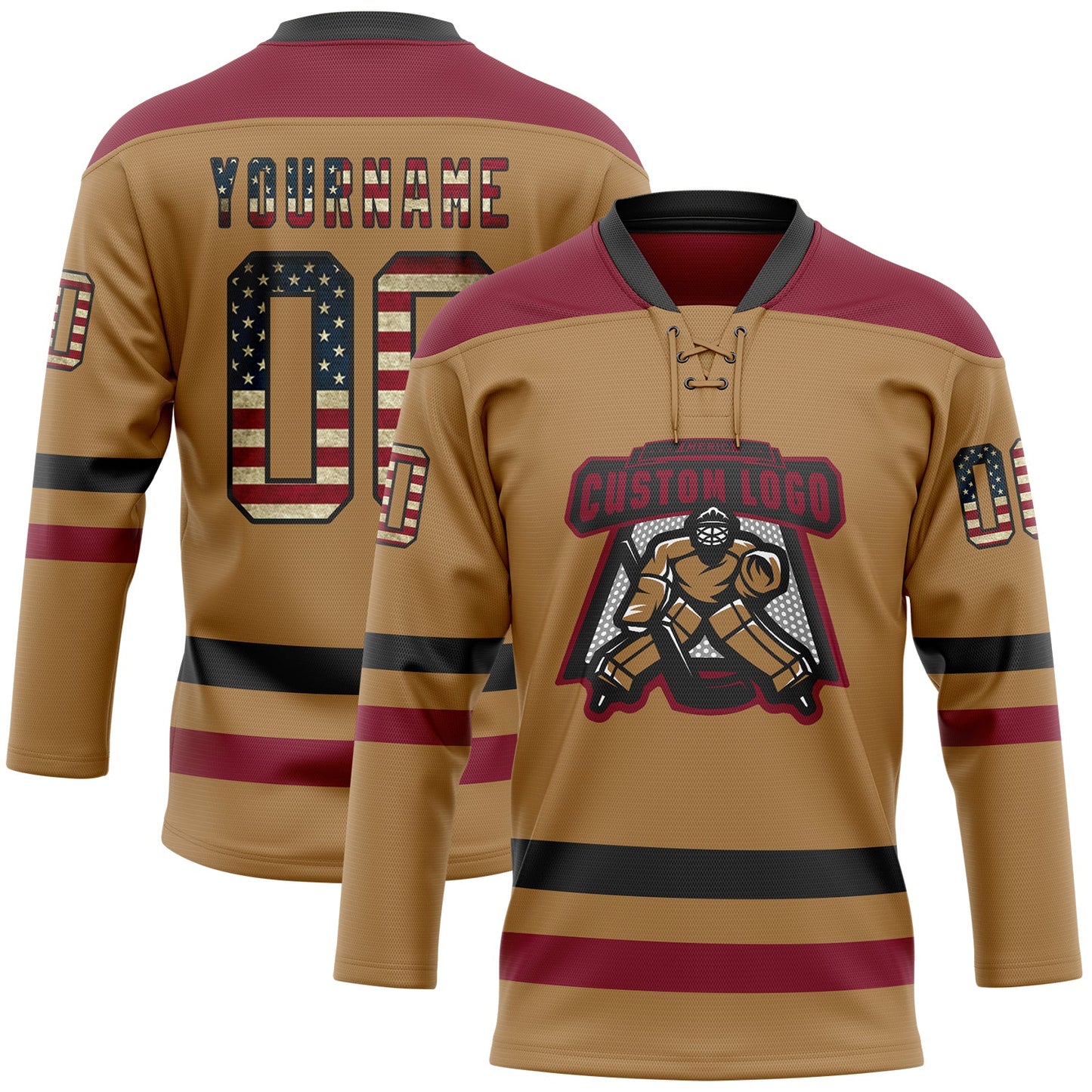 Custom Old Gold Vintage USA Flag Black-Crimson Hockey Lace Neck Jersey view 2