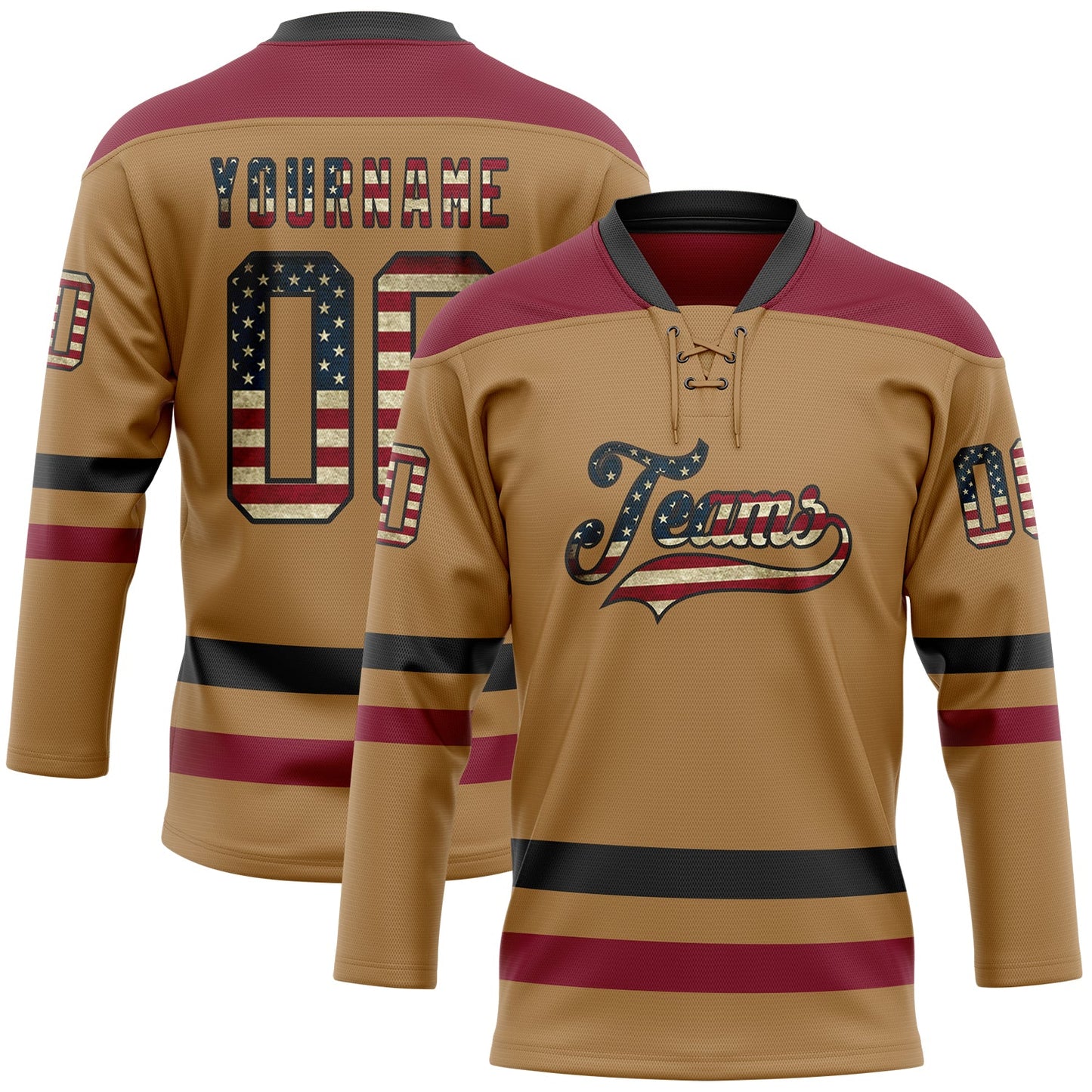 Custom Old Gold Vintage USA Flag Black-Crimson Hockey Lace Neck Jersey - Main View