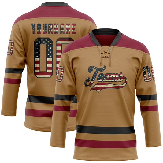 Custom Old Gold Vintage USA Flag Black-Crimson Hockey Lace Neck Jersey - Main View