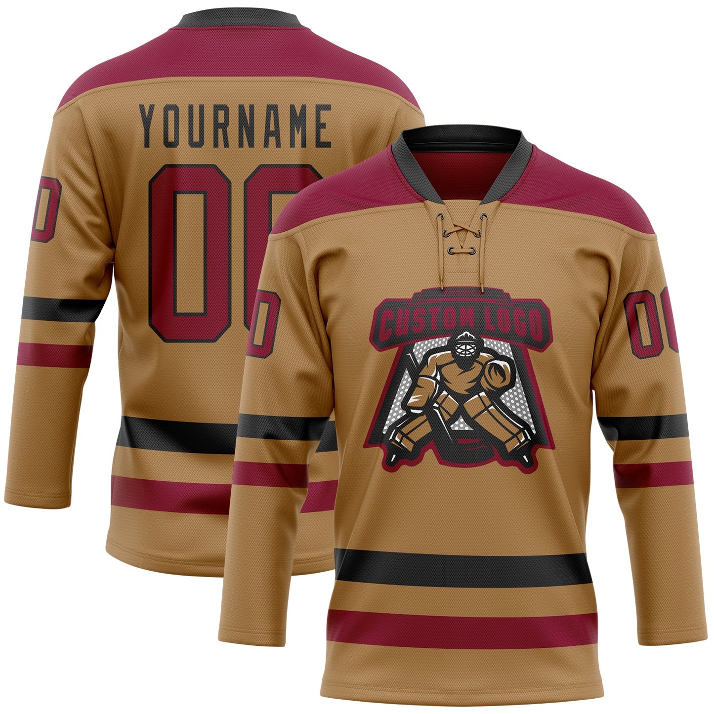 Custom Old Gold Maroon-Black Hockey Lace Neck Jersey view 2