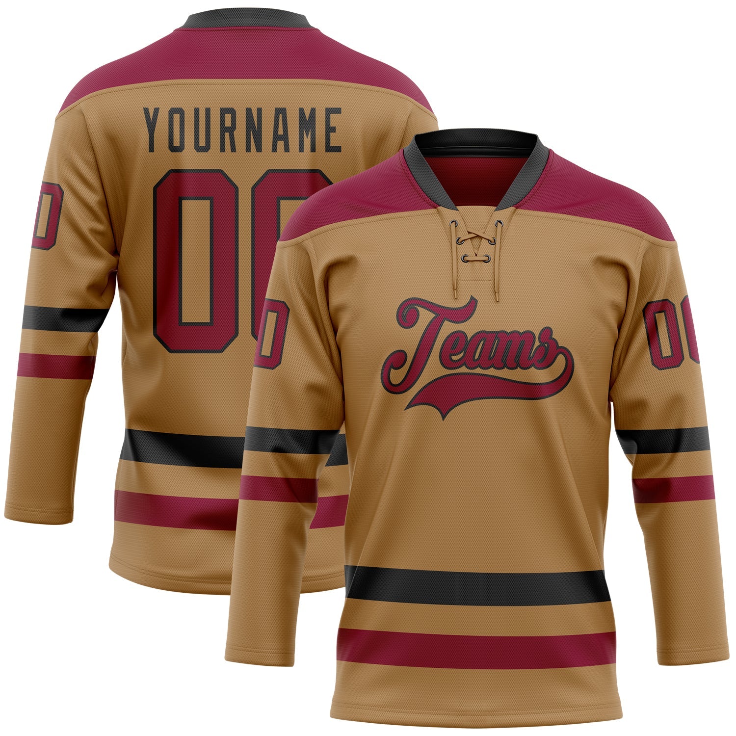 Custom Old Gold Maroon-Black Hockey Lace Neck Jersey - Main View