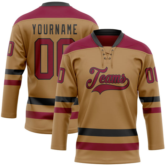 Custom Old Gold Maroon-Black Hockey Lace Neck Jersey - Main View