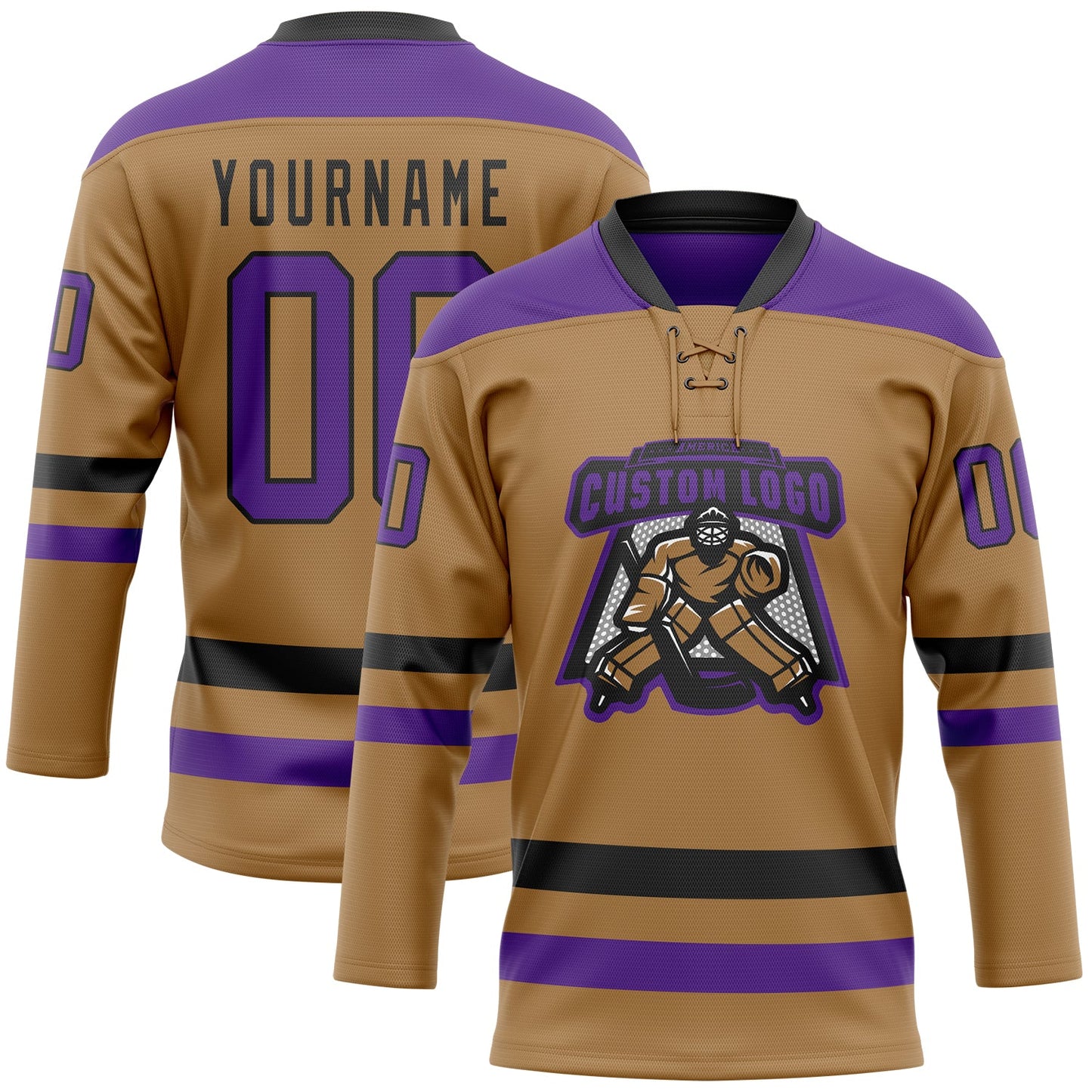 Custom Old Gold Purple-Black Hockey Lace Neck Jersey view 2