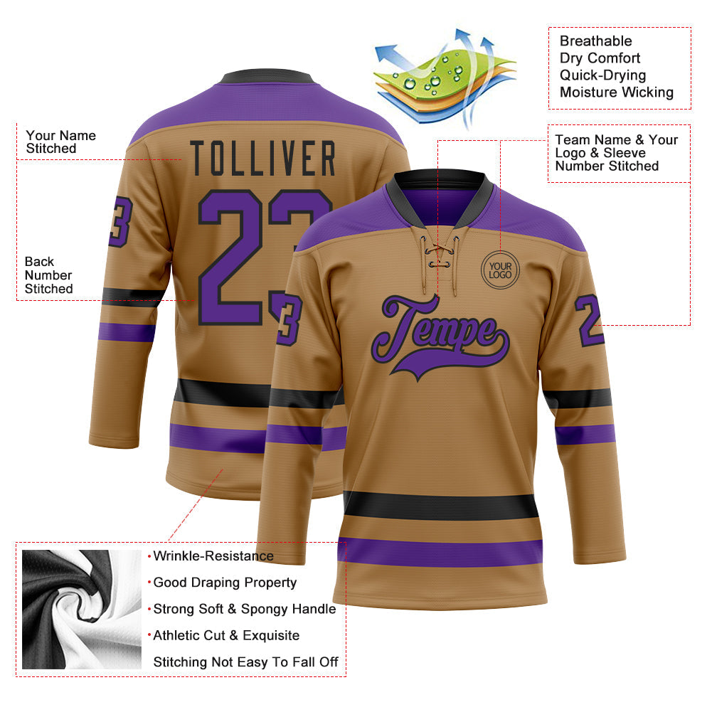 Custom Old Gold Purple-Black Hockey Lace Neck Jersey view 3