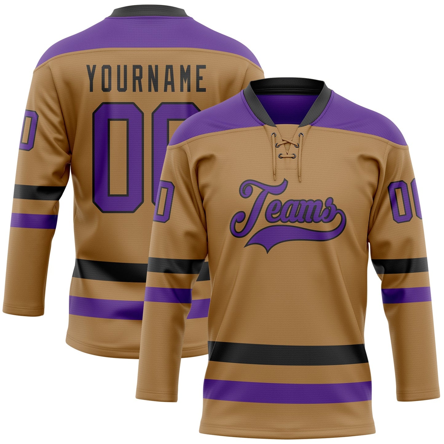 Custom Old Gold Purple-Black Hockey Lace Neck Jersey - Main View
