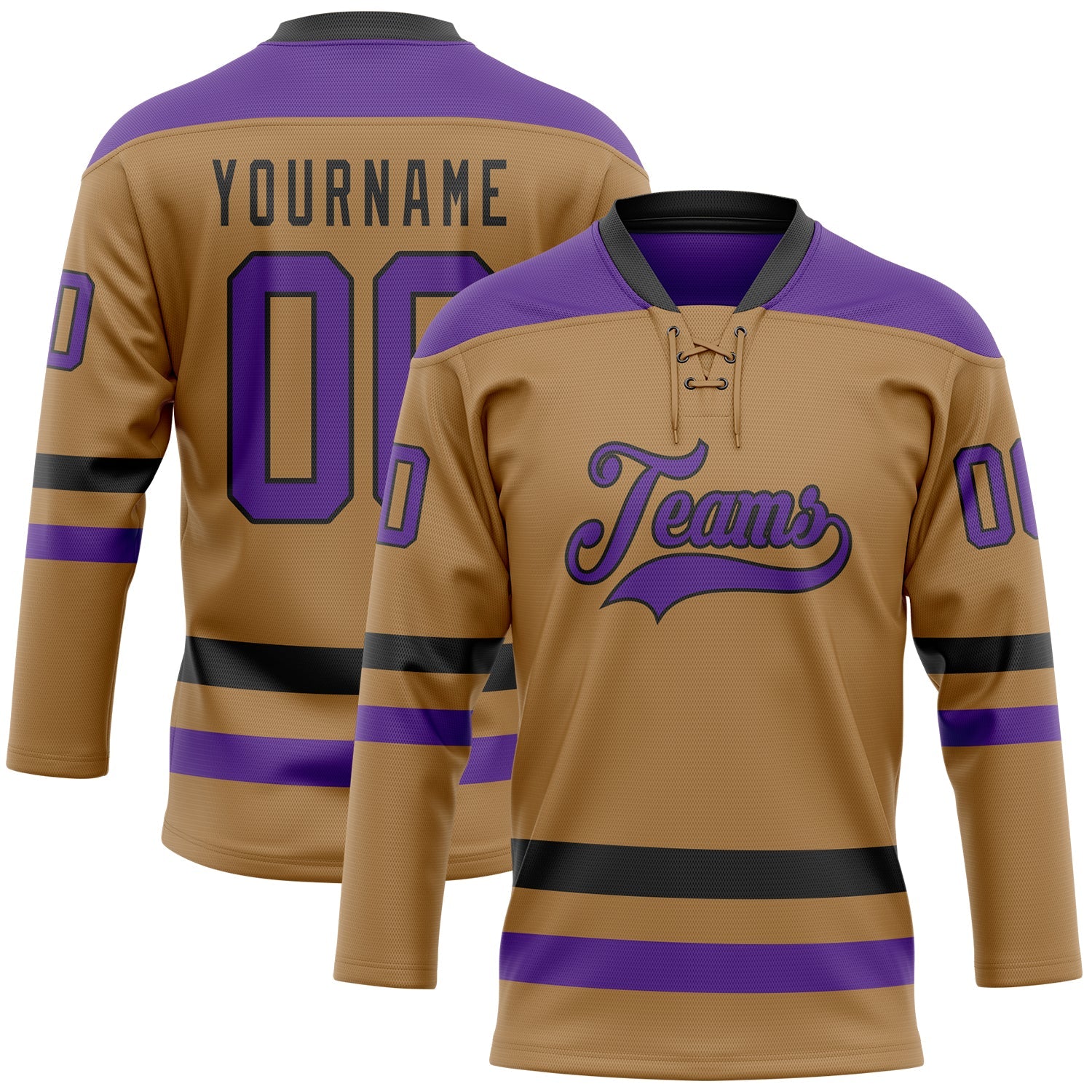 Custom Old Gold Purple-Black Hockey Lace Neck Jersey - Main View