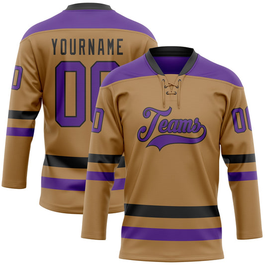 Custom Old Gold Purple-Black Hockey Lace Neck Jersey - Main View