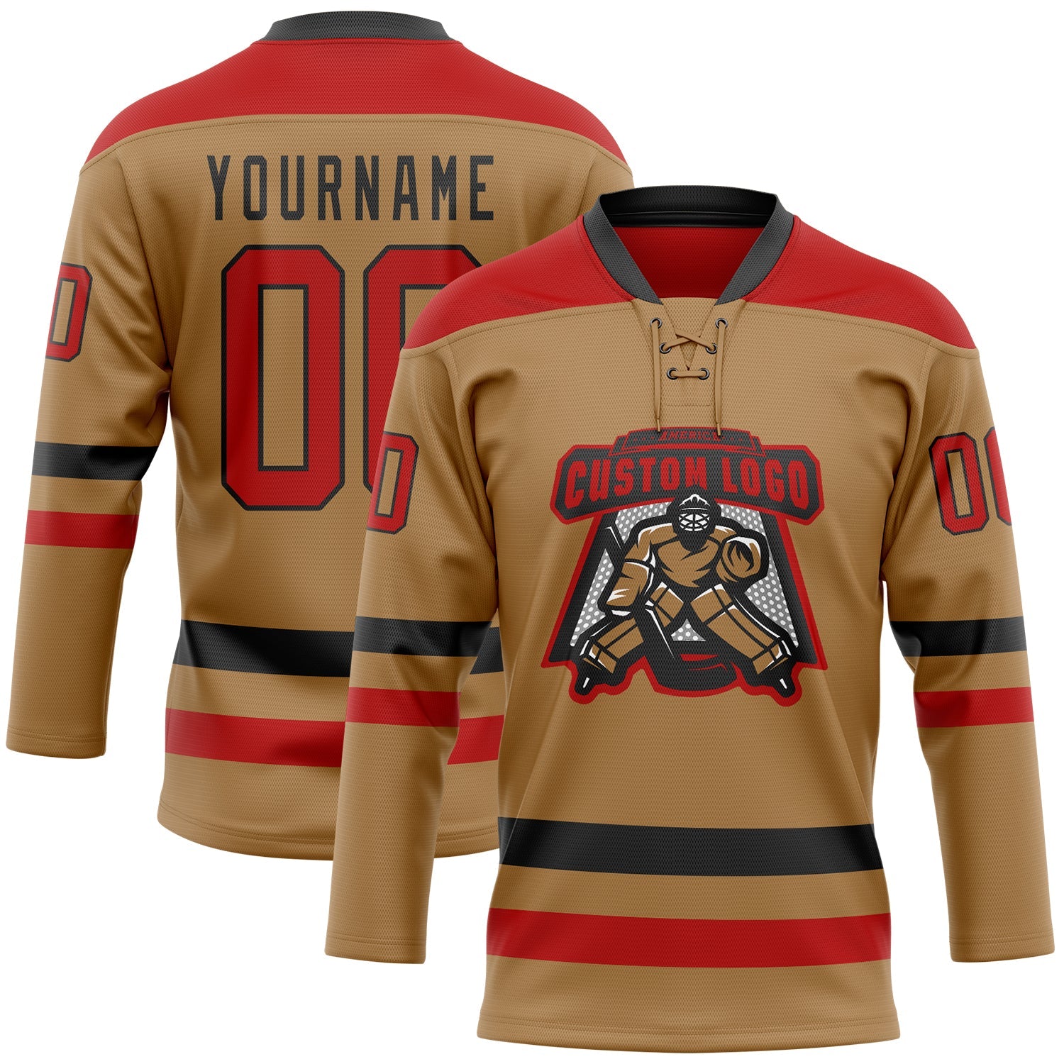 Custom Old Gold Red-Black Hockey Lace Neck Jersey view 2